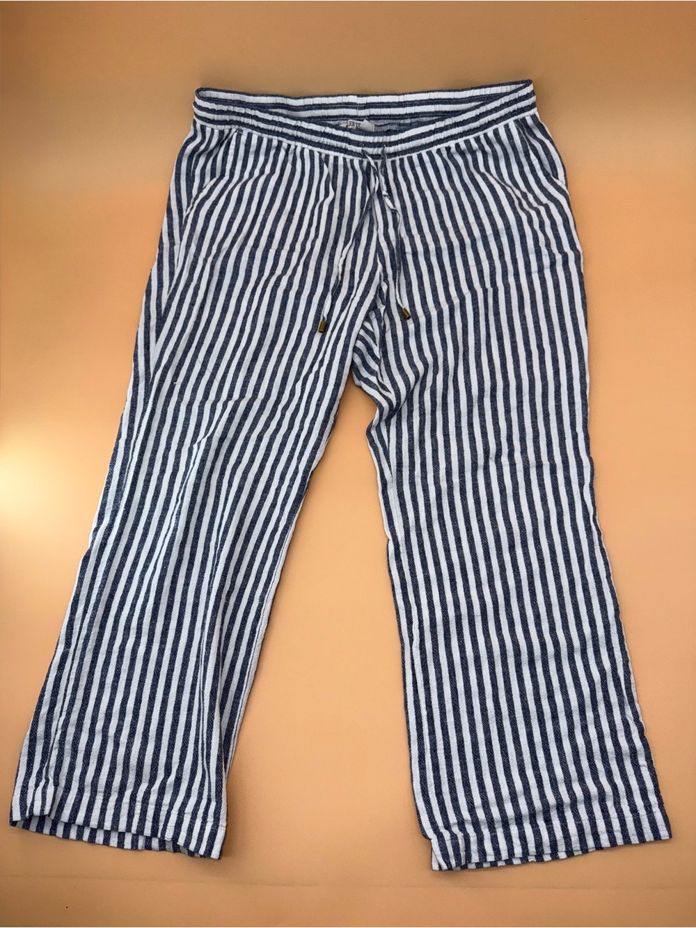 Ellen Tracy Striped Navy and White Pull-On Linen‎ Pants